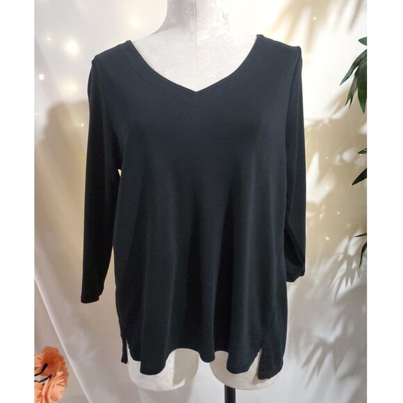 J Jill Womens Pima Cotton V-Neck 3/4 Sleeve Top Size M Black Basic Minimalist - Picture 1 of 10